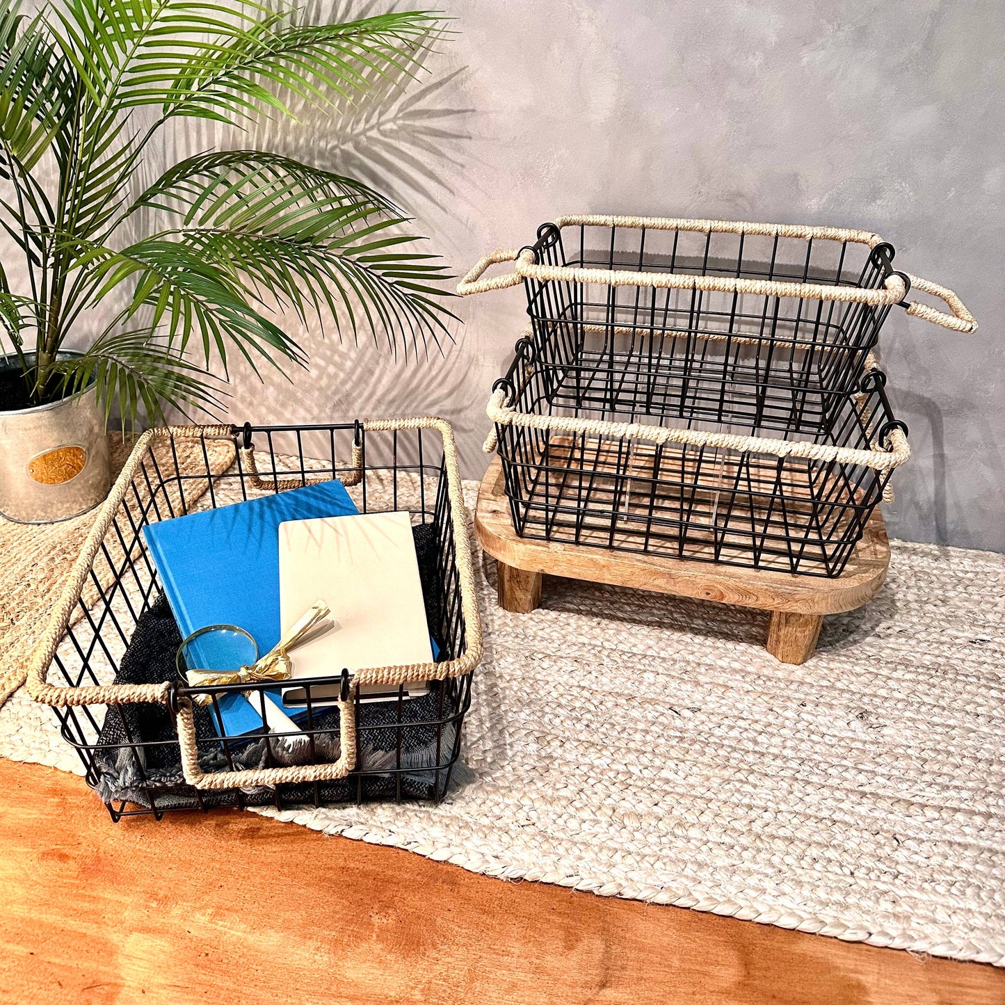 Black Iron Baskets with Jute Handles, Set of 3