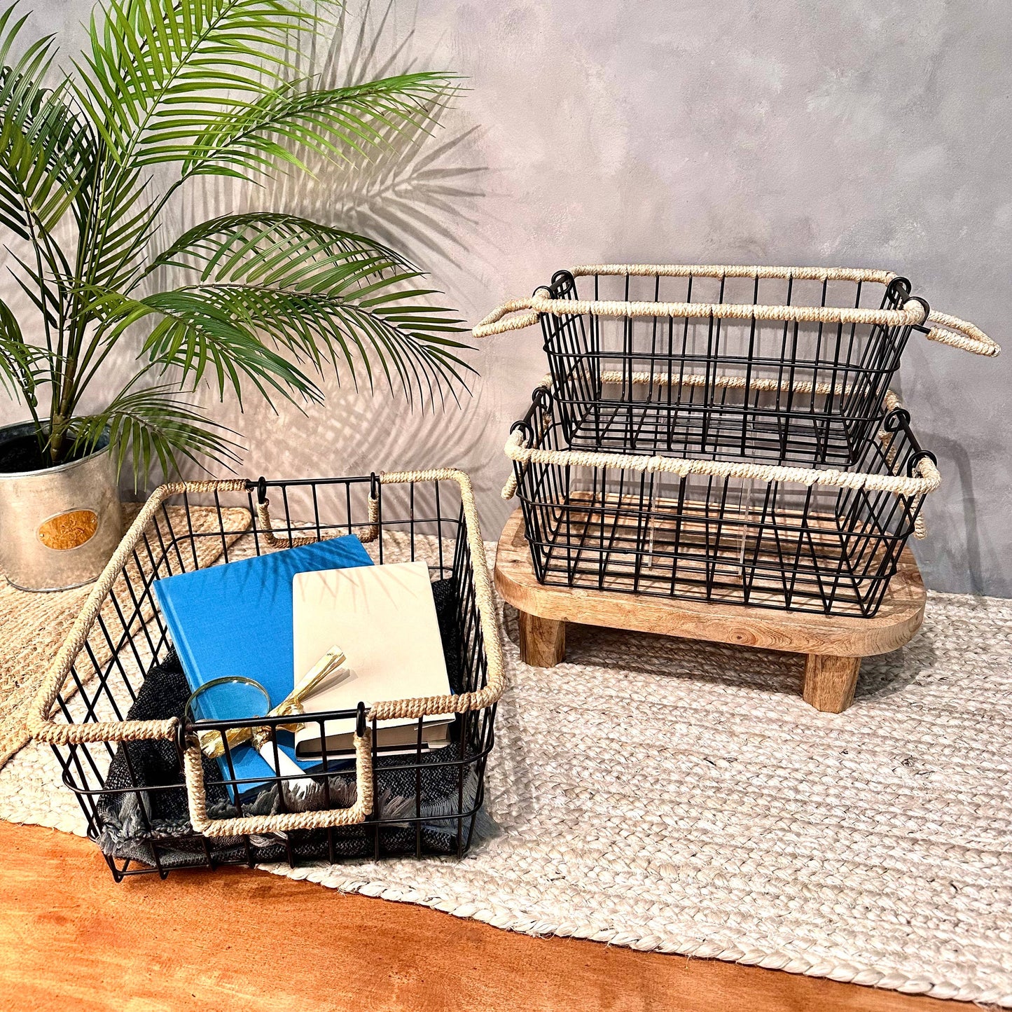 Black Iron Baskets with Jute Handles, Set of 3