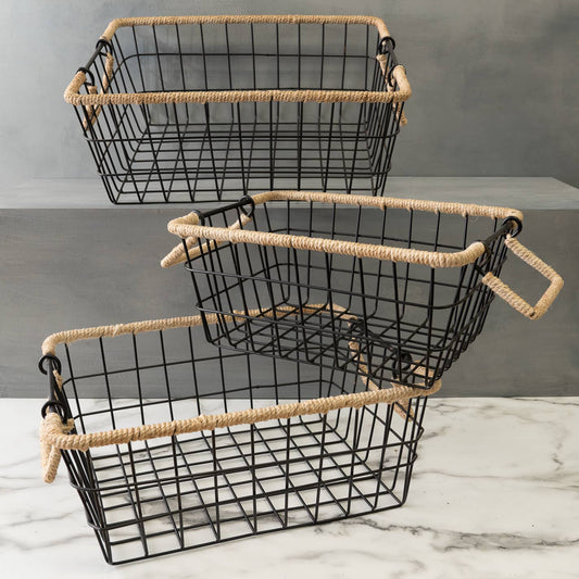 Black Iron Baskets with Jute Handles, Set of 3