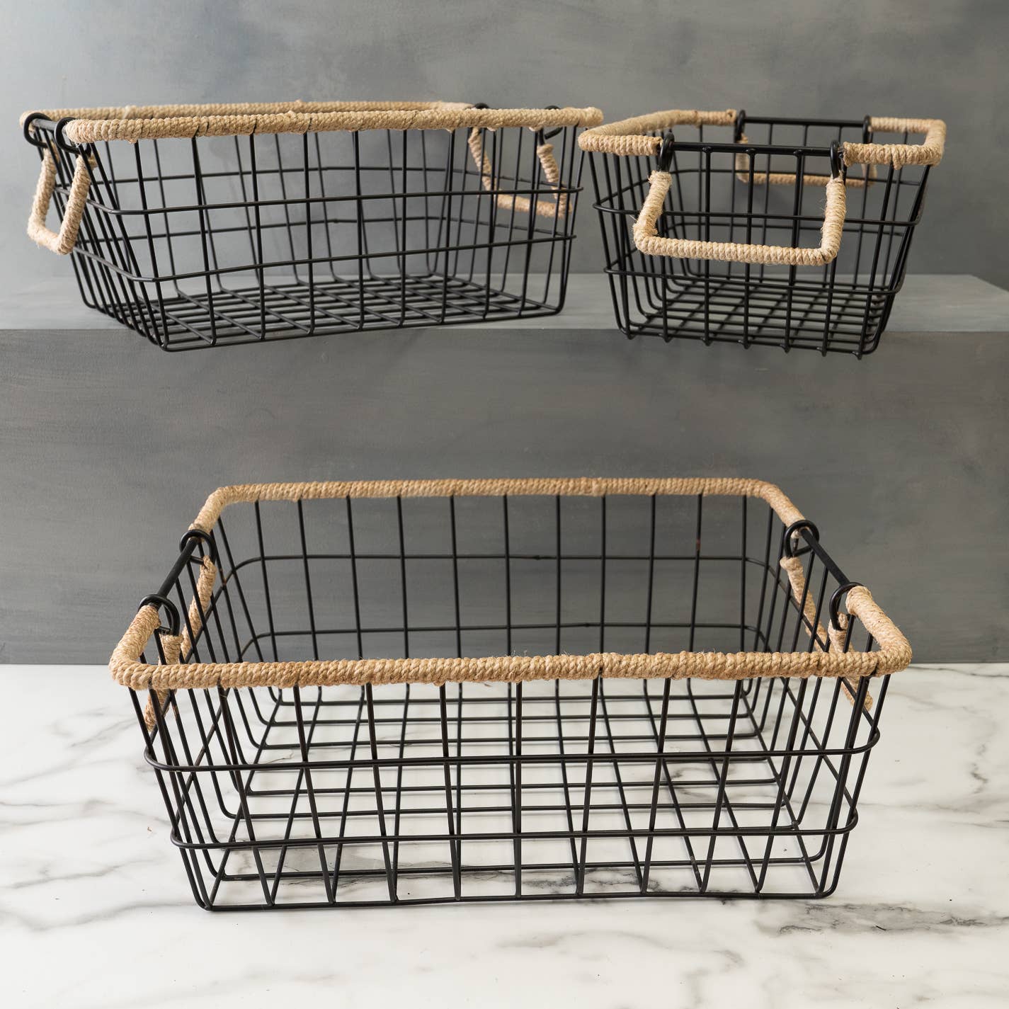 Black Iron Baskets with Jute Handles, Set of 3