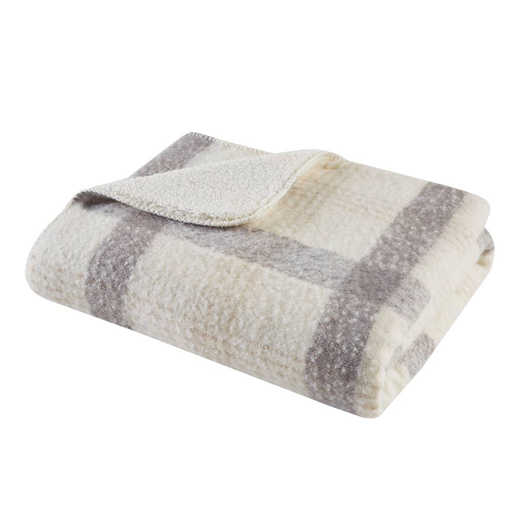 Plaid Faux Mohair Sherpa Throw 50x60", Ivory