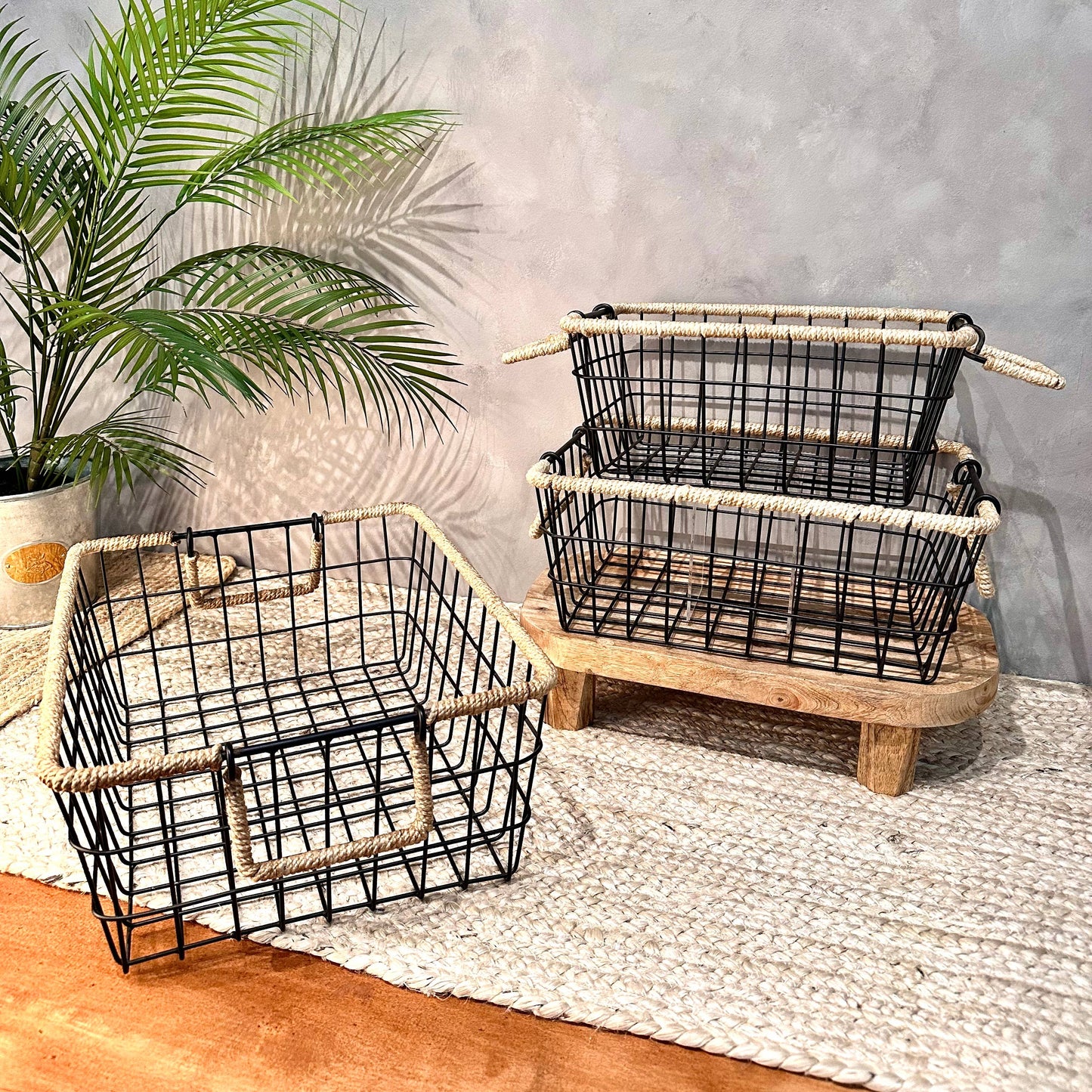 Black Iron Baskets with Jute Handles, Set of 3