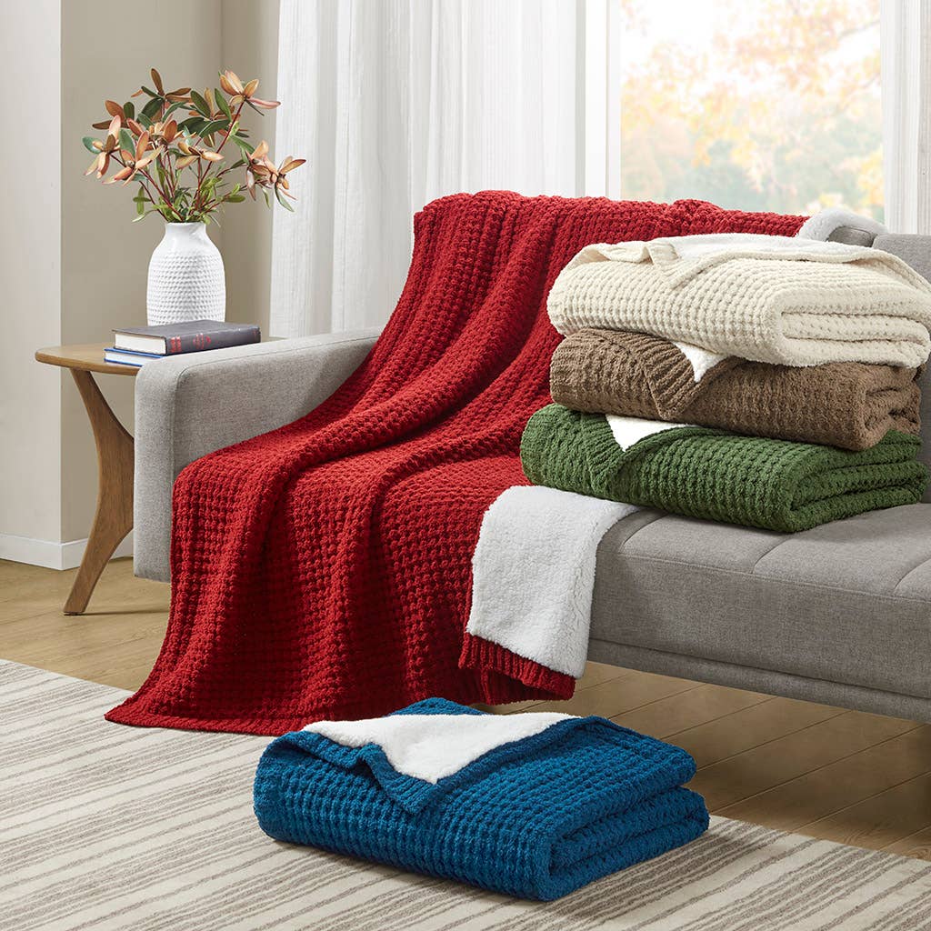 Sherpa Waffle Knit Chenille Throw, Ivory