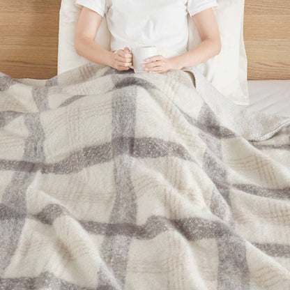 Plaid Faux Mohair Sherpa Throw 50x60", Ivory