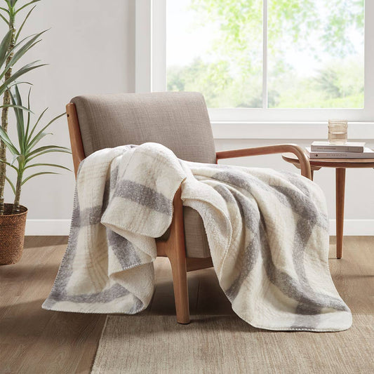 Plaid Faux Mohair Sherpa Throw 50x60", Ivory